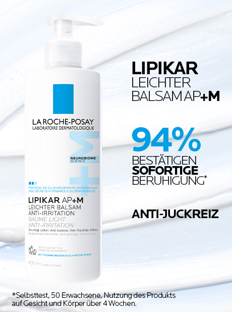 La Roche-Posay Lipikar Balsam AP+M. Text: 94% sofortige Beruhigung. Flasche mit Pumpkopf.